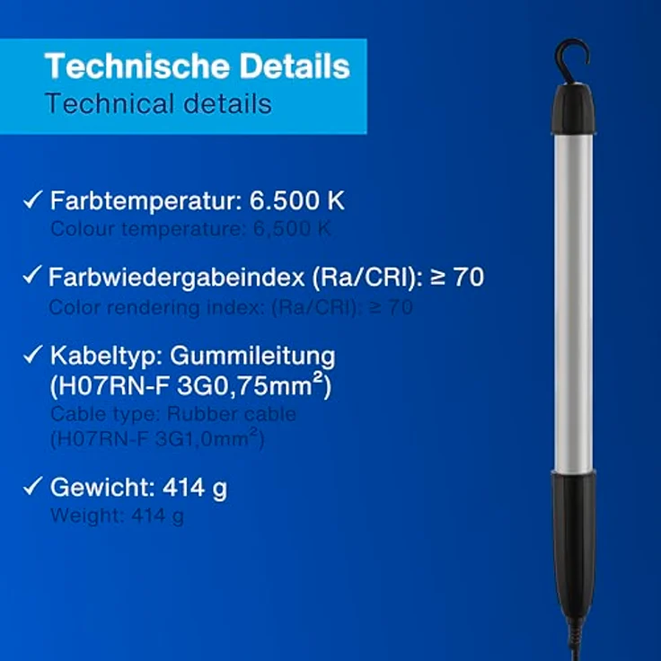 REV Handlampe - Werkstattlampe mit Aufhängehaken, 5m Kabel, 5W, 400lm, IP20, schwarz – Bild 3
