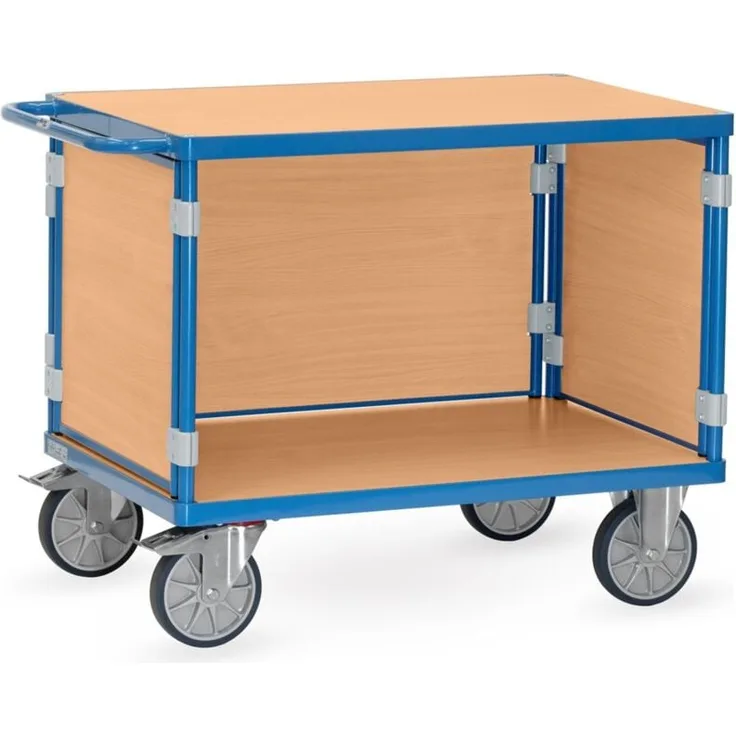 Fetra Tischwagen mit 3 Wänden, Ladefläche 1000 x 600 mm, Tragkraft 500 kg, pulverbeschichtet in Blau (RAL 5007)