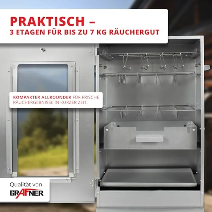 Grafner XL Räucherofen, 3 Etagen Smoker mit Sichtfenster und Thermometer, 12 S-Haken, legierter Stahl für Heiß- und Kalträuchern von Fisch, Fleisch, Käse und Gemüse – Bild 2