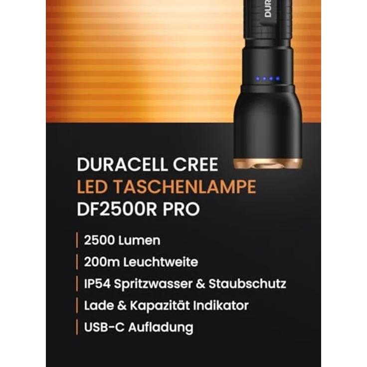 Duracell LED Taschenlampe DF2500R Pro, 2500 Lumen, fokussierbar, 200m Leuchtweite, USB-C wiederaufladbar, 21700 Li-Ion Akku, spritzwassergeschützt, inkl. Geschenkbox – Bild 2
