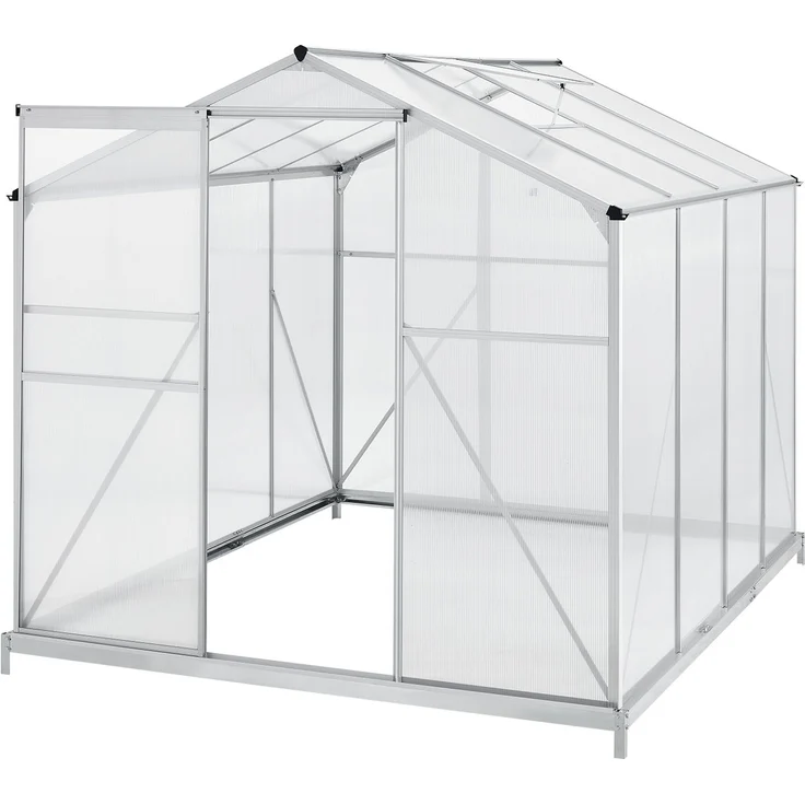 Juskys Aluminium Gewächshaus mit Fundament für Garten 4,75 qm 190 × 253 cm 1 Dachfenster und Schiebetür 4 mm Platten Juskys grau/silber Stahl – Bild 1