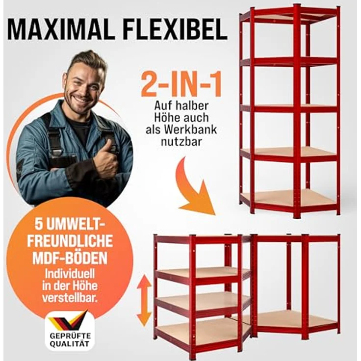 monzana Schwerlastregal, Eckregal 180x70x40cm, 875 kg Tragkraft, 5 MDF-Platten, rot – Bild 7