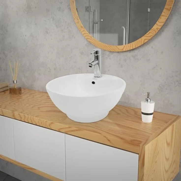 ecd germany Waschbecken Rundform 455x455x185 mm, weiß, aus Keramik - inkl. Ablaufgarnitur mit Überlauf – Bild 6