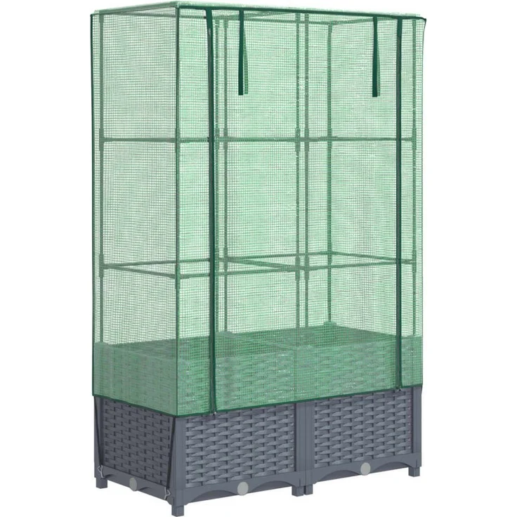 vidaXL Hochbeet Hochbeet mit Gewächshaus-Aufsatz Rattan-Optik 80x40x138 cm (Dunkelgrau) – Bild 1