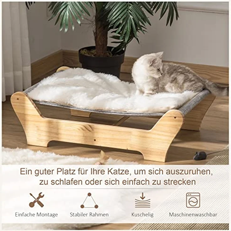 PawHut Katzenbett mit Gestell Hängematte für Katzen erhöhtes Katzennest mit weichem Kissen Kiefernholz Natur 68 x 43 x 20 cm - Preisvergleich – Bild 5