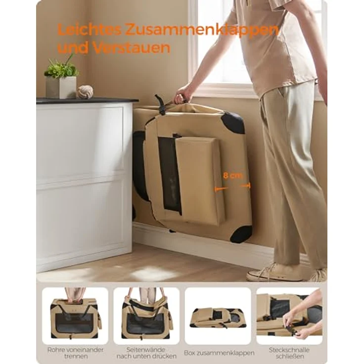 Feandrea Hundebox faltbar, Transportbox Hund, XXL, atmungsaktiv, tragbar, Metallrahmen, 91 x 63 x 63 cm, Kamelbraun – Bild 5
