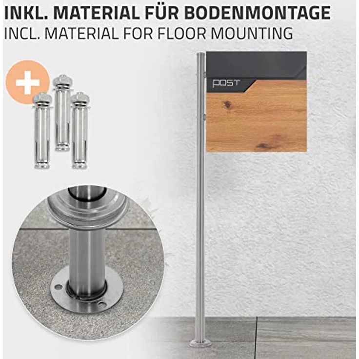 ECD Germany Standbriefkasten mit Zeitungsfach, Design Briefkasten mit Pfosten, Briefkastenanlage, Briefkastenständer Silber 120 cm Edelstahl, Postkasten Anthrazit-Holzoptik Edelstahl pulverbechichtet – Bild 5