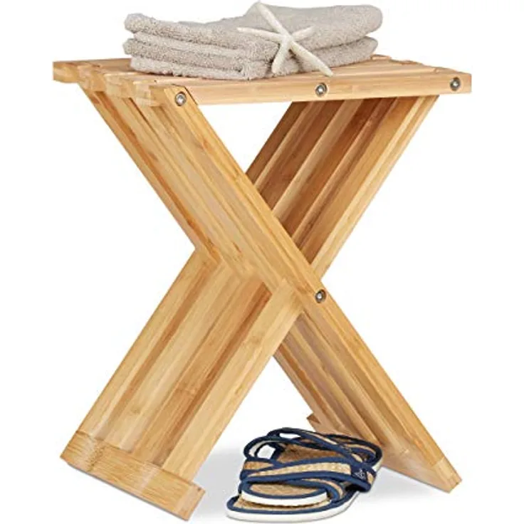 Relaxdays Klapphocker Bambus, natürlicher Badhocker, platzsparend faltbar, für Kinder, HBT 42x32x27cm, Natur