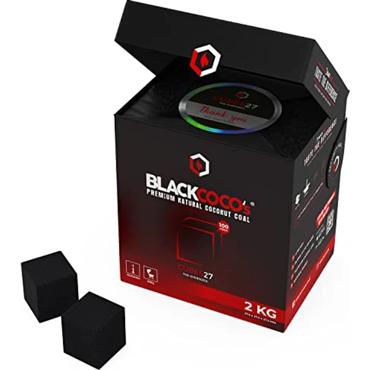BLACKCOCO's CUBES27+ Shisha Kohle 2KG, Natürliche Kokosnuss Kohle mit langer Brenndauer für Wasserpfeife & Grill, raucharm und chemiefrei – Bild 4