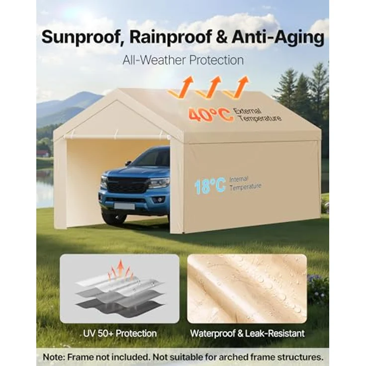 VEVOR Carport-Ersatzdach 3,05 x 6,09 m, UV-beständige Garagenzeltplane mit Seitenwänden, strapazierfähig, beige, ohne Rahmen – Bild 4