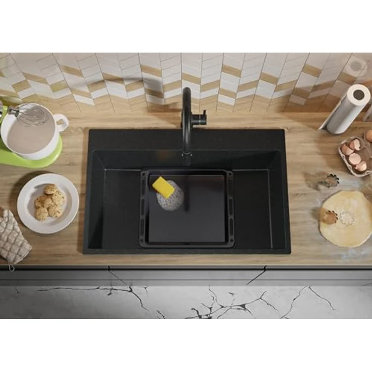 Primagran Spülbecken Anthrazit 78x50cm Granitspüle mit XXL-Kammer und Ablauf-Set - Riga – Bild 2