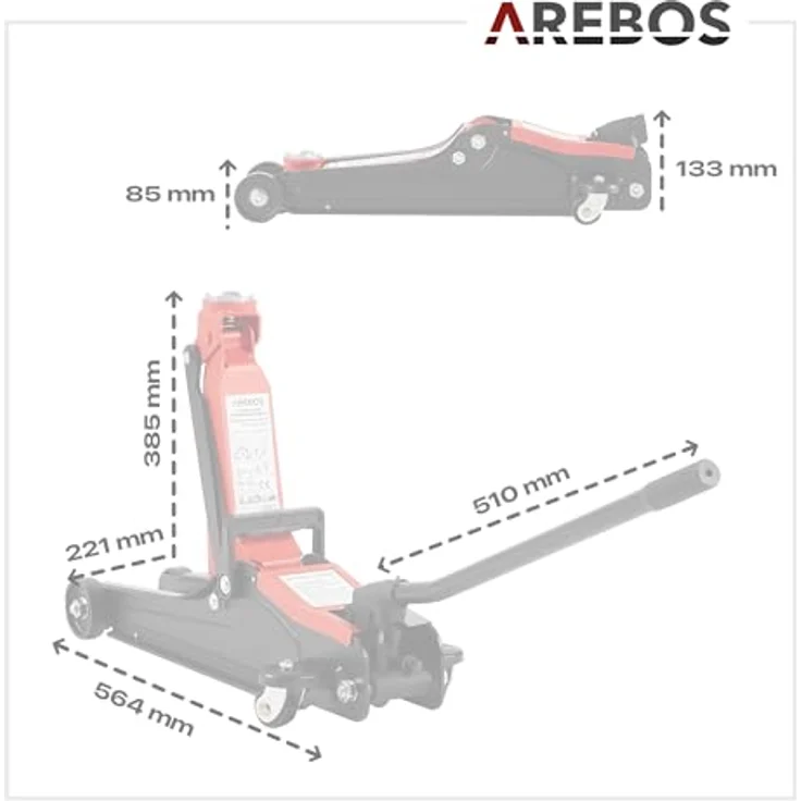 AREBOS 2t Hydraulischer Rangierwagenheber Autoheber - Niedrige Hubhöhe, hohe Tragkraft - Rot/Schwarz – Bild 10