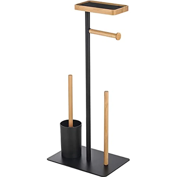 MSV Stand WC Garnitur WC Bürste Rollenhalter Toilettenbürste Klobürste Klopapierhalter aus Bambus Schwarz 4in1 mit Ablage für Feuchttücher und Smartphone Teiki – Bild 1