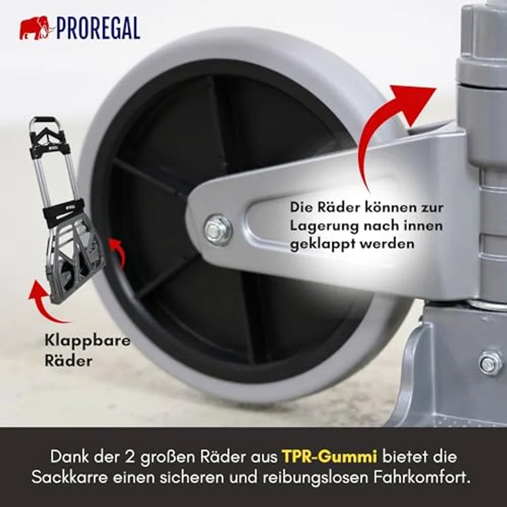 PROREGAL® Profi-Sackkarre ELEPHANT Traglast 250kg Alurahmen ergonomische Griffe Gummiräder, klappbare Schaufel 48x34cm, TPR-Gummiräder, Schwerlastgurt, Klettverschluss – Bild 6