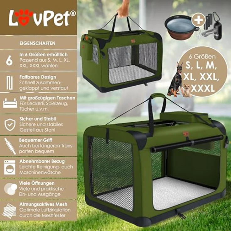 Lovpet® Transportbox Hund Katze Transporttasche XXL 91,4x63,5x63,5cm Faltbar | Inkl. Hundenapf & Schultergurt | Khaki – Bild 2