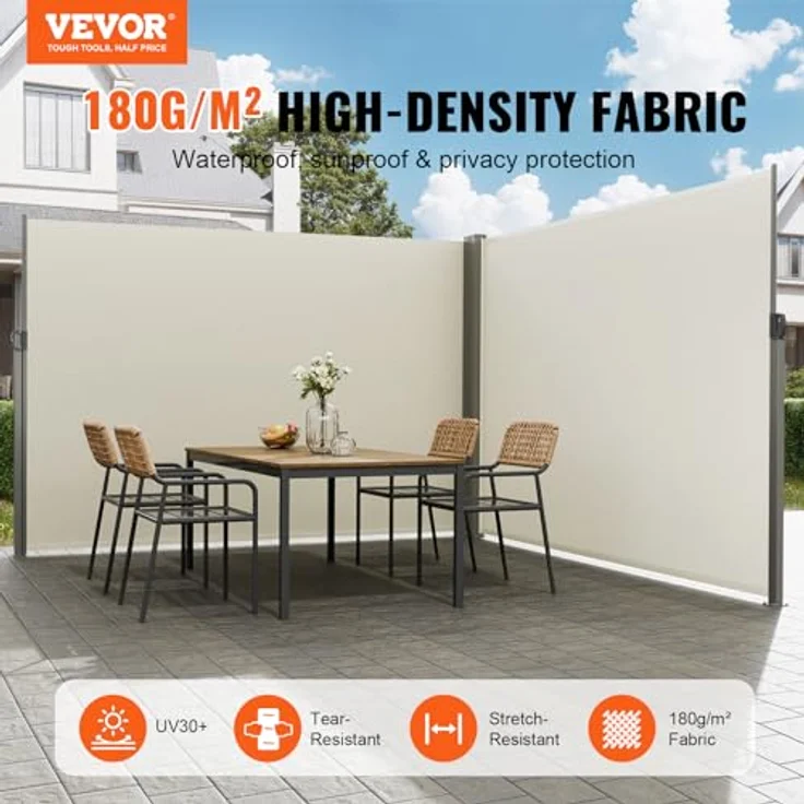 VEVOR Seitenmarkise 200 x 600 cm Seitenwandmarkise aus 180 g/m² Polyestergewebe mit PU-Beschichtung Beige, einziehbarer Griff mit Federmechanismus, Sichtschutz und Blickschutz für Balkone und Innenhöfe – Bild 2