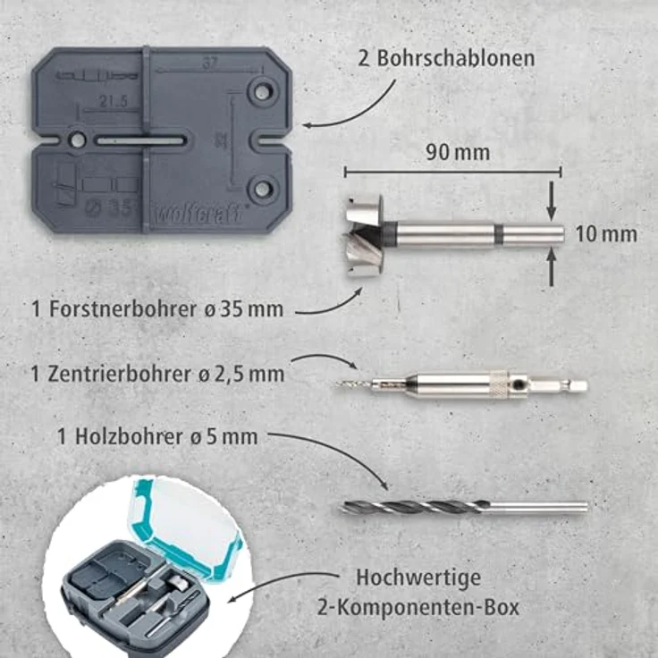 wolfcraft Scharnierloch-Set, 5-teilig mit Ø 35 mm Forstnerbohrer und Bohrschablonen für Topfscharniere – Bild 2