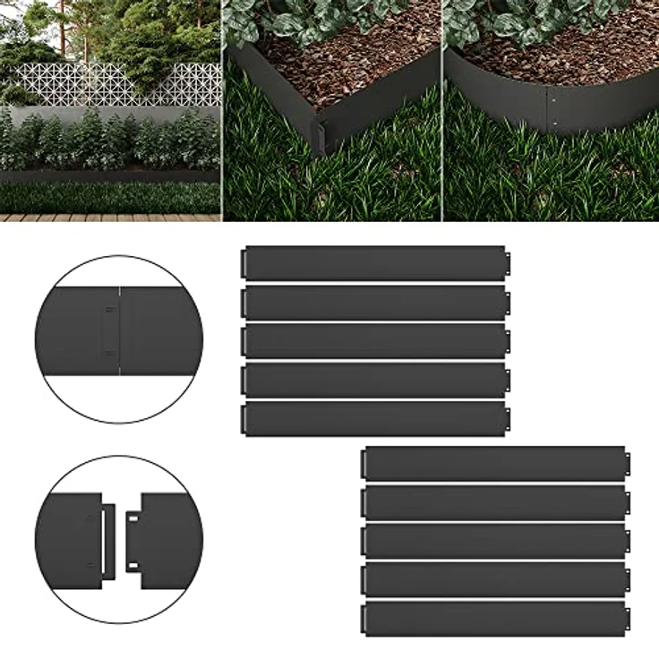 Serina Rasenkante Metall 100x14cm Beeteinfassung Mähkante, verzinkter Stahl, Anthrazit pulverbeschichtet, 10m Länge, 14cm Höhe – Bild 2