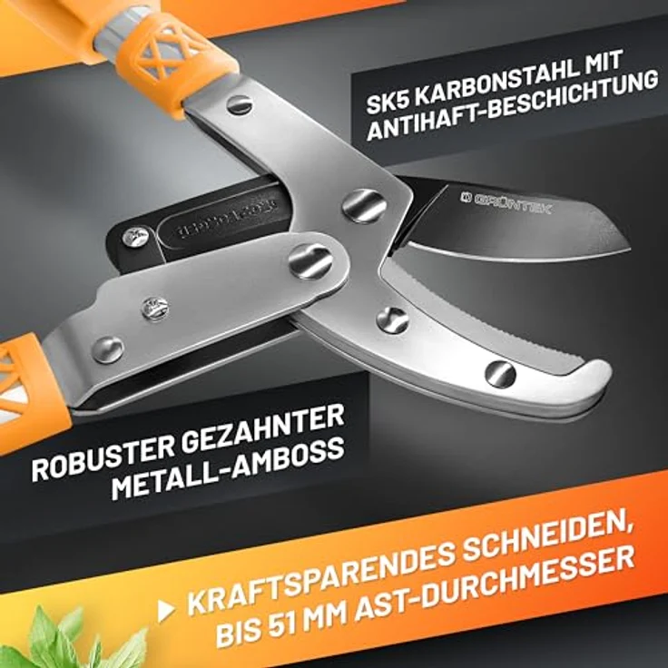GRÜNTEK Teleskop-Astschere SK5-Karbonstahl, 7-fach verstellbar (685-1015 mm), präzisionsgeschliffen, mit Anti-Rutsch-Griffen und SMART-Cut Technologie – Bild 2
