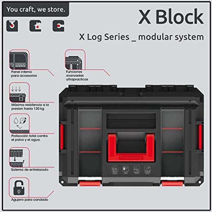 Prosperplast Werkzeugkoffer Kistenberg X BLOCK LOG 20 KXB604020F, robuster Werkzeugbehälter mit Staub- und Feuchtigkeitsbeständigkeit, integrierten Organizers und Tragfähigkeit bis 120 kg – Bild 4
