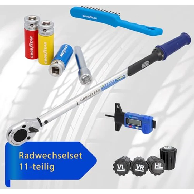 Goodyear Drehmomentschlüssel Set für Radwechsel (1/2"), 11-teilig mit farbcodierten Nüssen und stabiler Aufbewahrungsbox – Bild 2