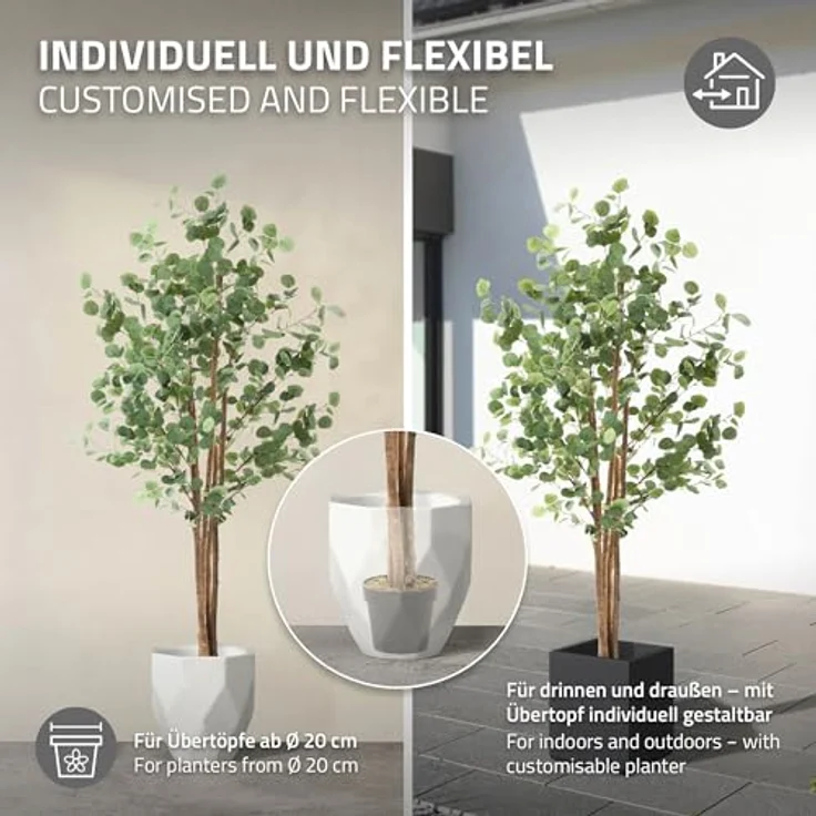 ML DESIGN Künstliche Eukalyptus 180 cm, Kunstpflanze mit Naturholzstamm und schwarzem Topf, Deko für Innen- und Außenbereich – Bild 5