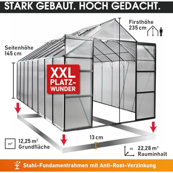 BRAST Gewächshaus Aluminium mit Fundament, TÜV geprüft, 6mm Hohlkammerplatten, wetterfest und temperaturbeständig, 490x250x235cm, grau – Bild 5