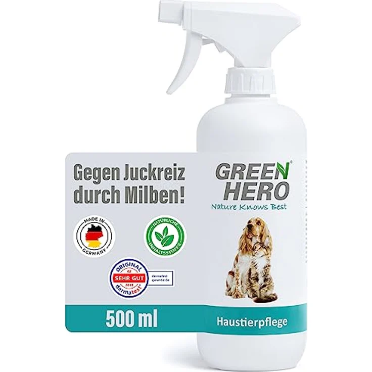 Green Hero Haustierpflege Spray 500ml Mittel gegen Juckreiz für Hund und Katze, Pflegt die Haut bei Grasmilben Milben Räude Reizungen Läusen und unterstützt den Regenerationsprozess Anti Juckreiz – Bild 1