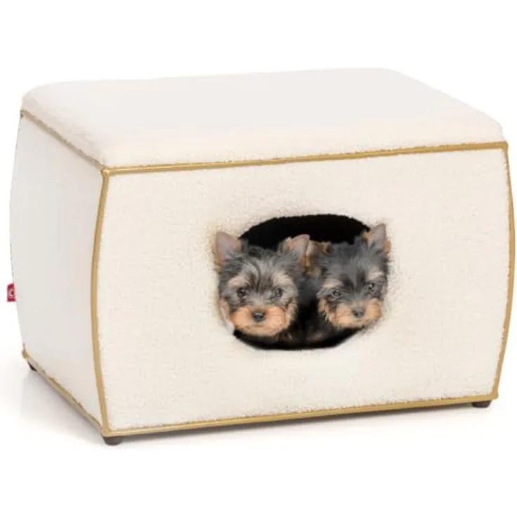 CanadianCat Company | Hundebett Nelson - Design-Hundehütte inklusive Kissen für kleine Hunde | Perfekt für kuschelige Rückzugsorte | TEDDY weiß-Gold | ca. 54 x 35 x 37,5 cm