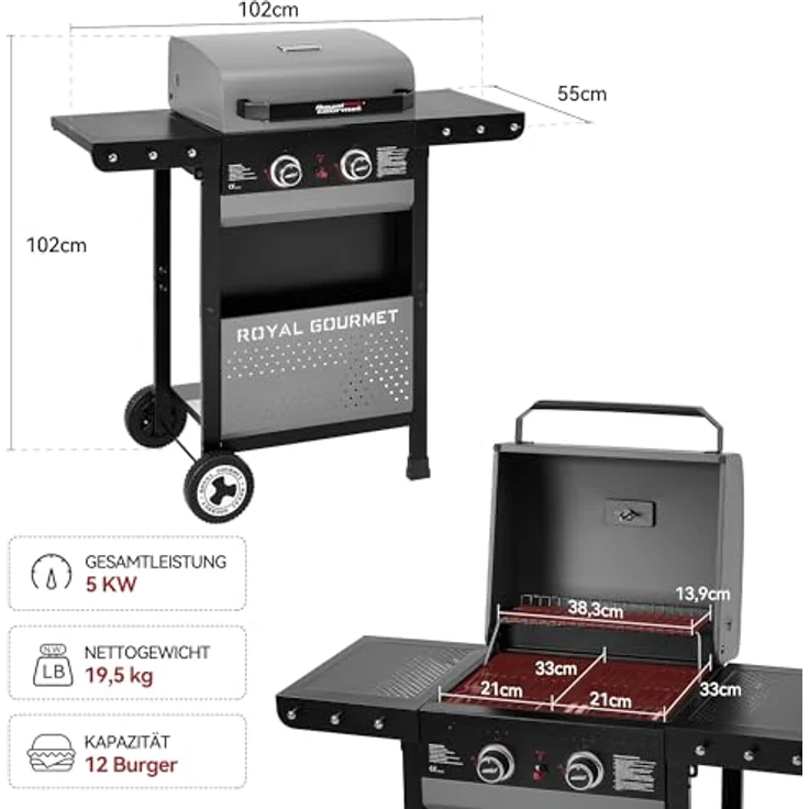 Royal Gourmet 2-Brenner Gasgrill, 5 kW Grillwagen mit klappbaren Seitenablagen, Ablagekorb und Thermometer für Balkon, Terrasse, Garten und Camping – Bild 3