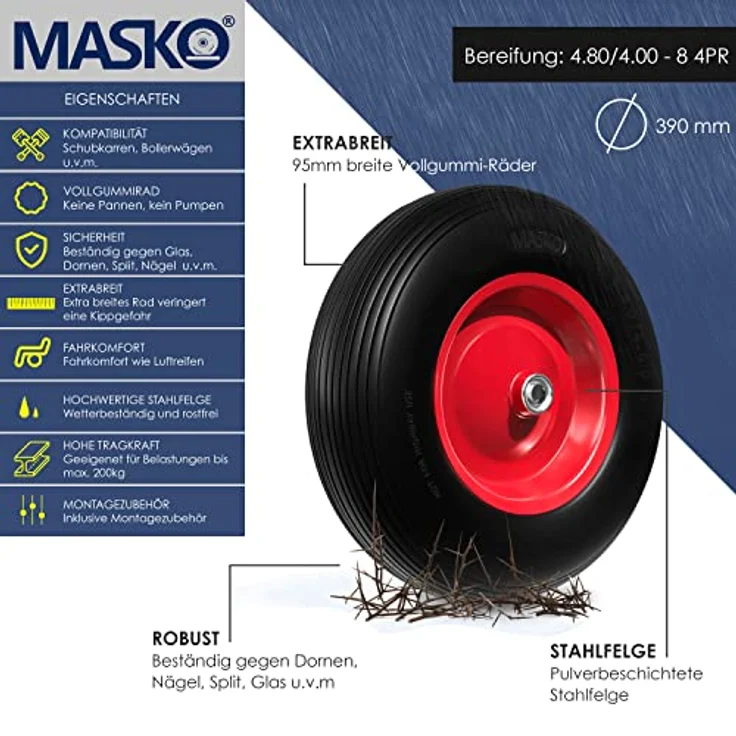 MASKO PU Schubkarrenrad Vollgummi 200 kg pannensicher 4.80-4.00-8 Ø 390mm inkl. Achse Ersatzrad Gummirad Stahlfelge Reifen pannensicher für Schubkarre Gartenkarren pannensicheres PU Rad Schwarz - Rot – Bild 2