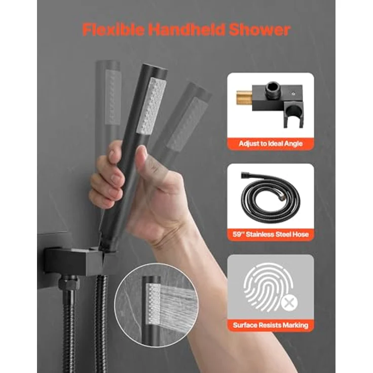 VEVOR Regenduschsystem für Badezimmer, 254 mm quadratischer Duschkopf & Handbrause, wandmontierte Armaturen mit Messingventil, Mattschwarz – Bild 3