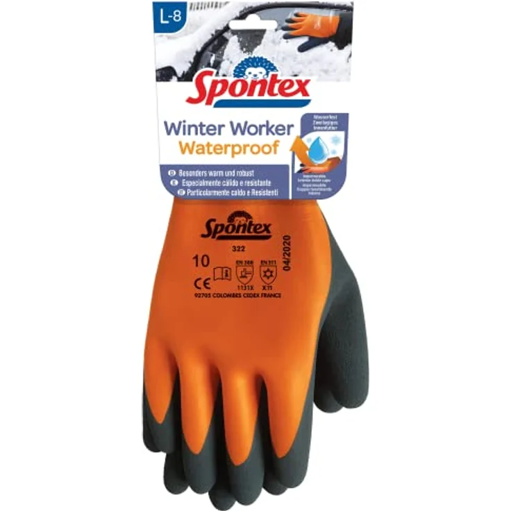 Spontex Winter Worker Waterproof Handschuhe, Wasserfeste Arbeitshandschuhe mit hoher Kälteschutz und Latexbeschichtung, Größe L, Orange/Schwarz – Bild 1