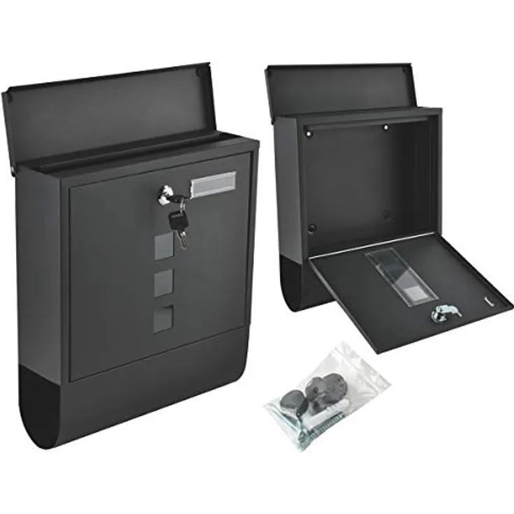 MT MALATEC Moderner Briefkasten A4 Einwurf-Format mit Abdeckung Namensschild Zeitungsfach Sichtfenster Abschließbar 2 Schlüssel Edelstahl Schwarz 6244