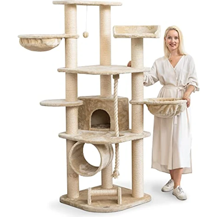 HAPPYPET Kratzbaum für Katzen groß 181 cm hoch - Stabiler Kletterbaum Katzenbaum, Dicke Stämme mit 11 cm, Haus & Spieltunnel, große Liegemulden, Spietau mit Kratzrolle, Creme - Preisvergleich – Bild 1