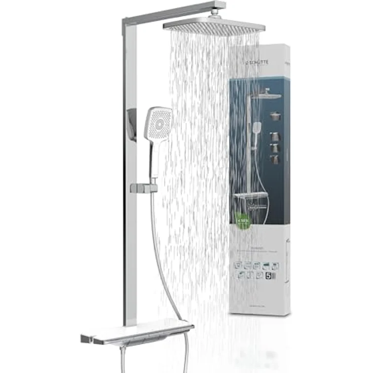 Schütte Duschsystem HAWAII Überkopfbrause-Set, 115 cm, 3 Strahlarten, mit Thermostatarmatur und Glasablage, Komplett-Set inkl. Montagematerial und Dichtungen – Bild 1
