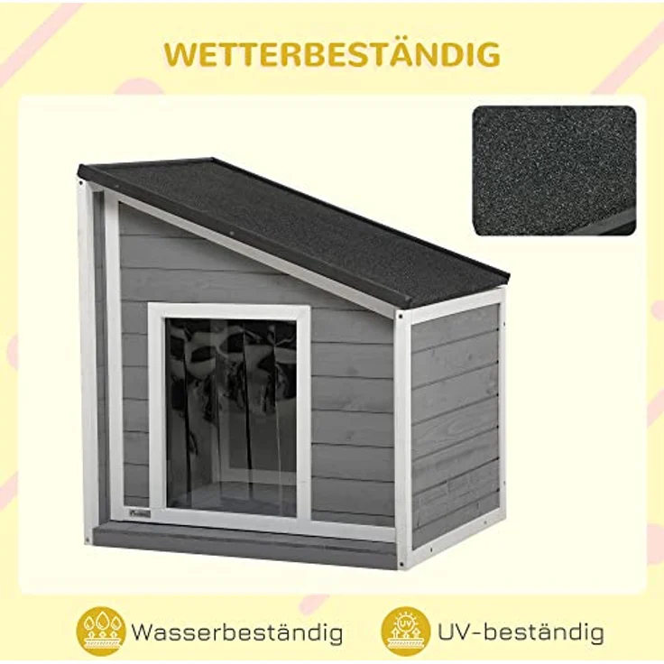 PawHut Hundehütte aus Holz, Hundehaus mit zu öffnendem Asphaltdach und Türvorhang, Outdoor Hundehaus, Kleintierhaus für kleine Hunde, draußen, Wetterbeständig, Grau, 71 x 58 x 53/77 cm – Bild 5