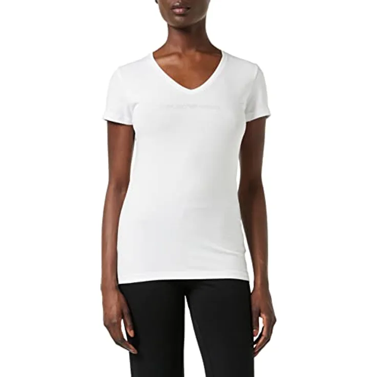 Emporio Armani Damen Kurzarmshirt T-Shirt Homewear, figurbetont, weiß, Größe M, mit Logo aus Dekorsteinen