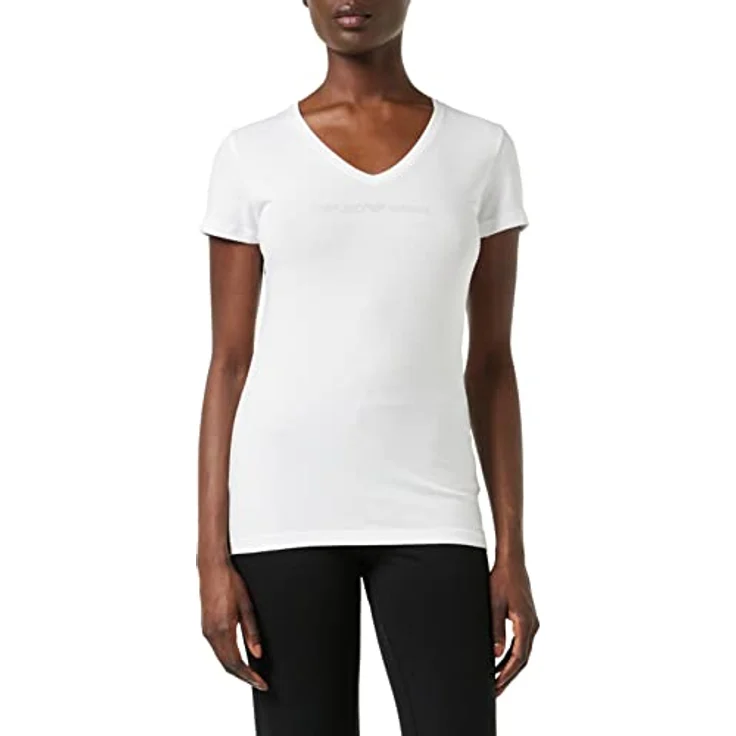 Emporio Armani Damen Kurzarmshirt T-Shirt Homewear, figurbetont, weiß, Größe M, mit Logo aus Dekorsteinen – Bild 1