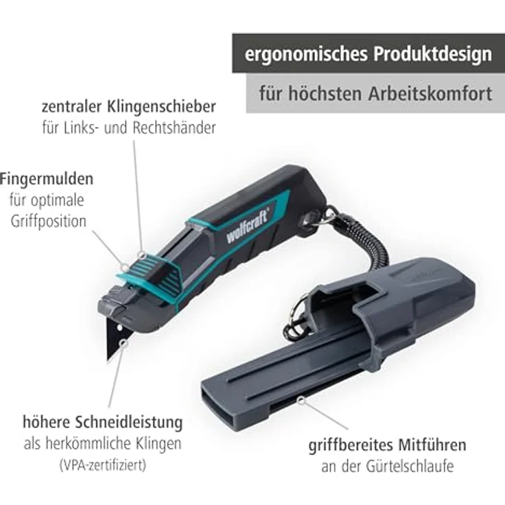 wolfcraft Trapezklingen-Messer PRO SAFETY, extrascharfe PRO SHARP-Klinge mit Köcher und ergonomischem Design, Schwarz – Bild 2