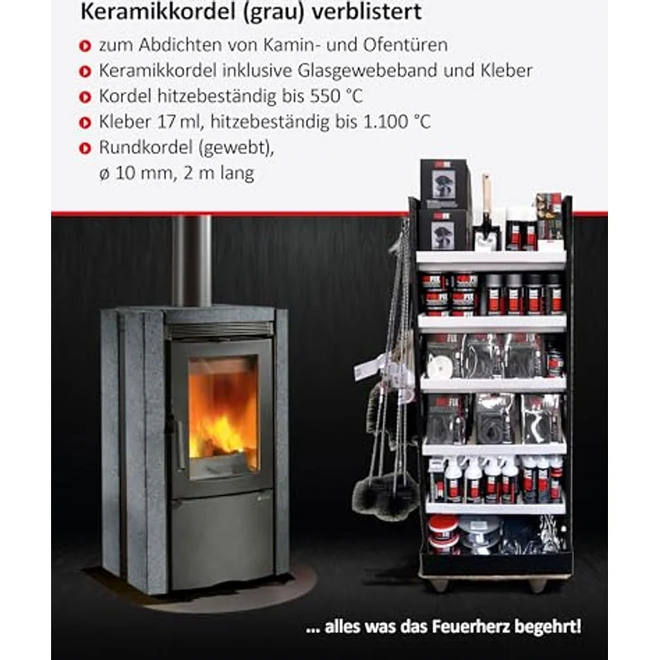 FIREFIX Ofendichtschnur 2044, Keramikkordel ø 10mm, grau, 2m mit hitzebeständigem Kleber bis 1100 °C für Kaminofen – Bild 3