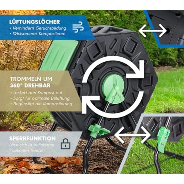 Westmann Kunststoff Trommelkomposter Humus, 60 L rotierender Komposter mit 360° Drehfunktion, mobiler Gartenabfall-Kompostierer, rückenschonend und platzsparend, grün, 60x74x36 cm – Bild 5