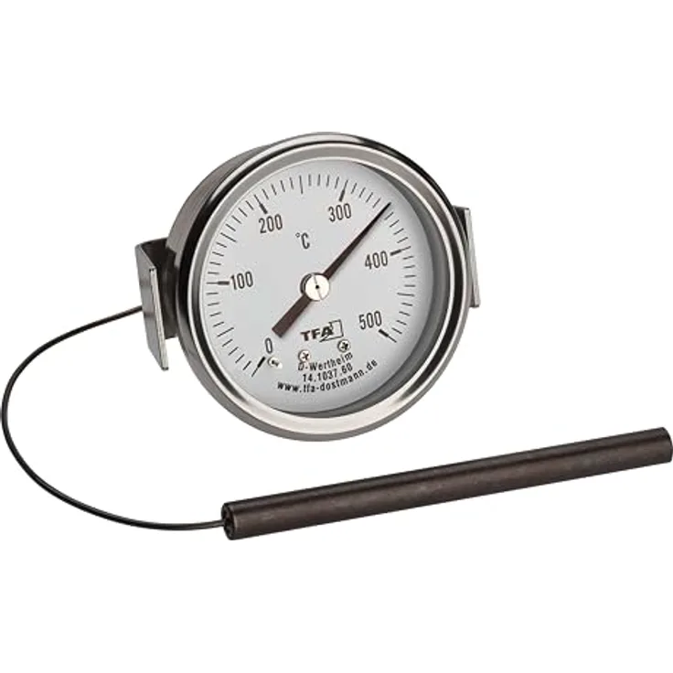 TFA Dostmann Analoges Edelstahl Thermometer bis 500°C, 14.1037, für Pizzaofen/Grill/Smoker, Kabelfühler, Ersatzteil, silber