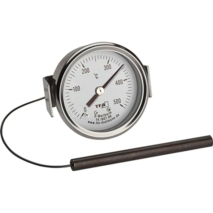 TFA Dostmann Analoges Edelstahl Thermometer bis 500°C, 14.1037, für Pizzaofen/Grill/Smoker, Kabelfühler, Ersatzteil, silber – Bild 1
