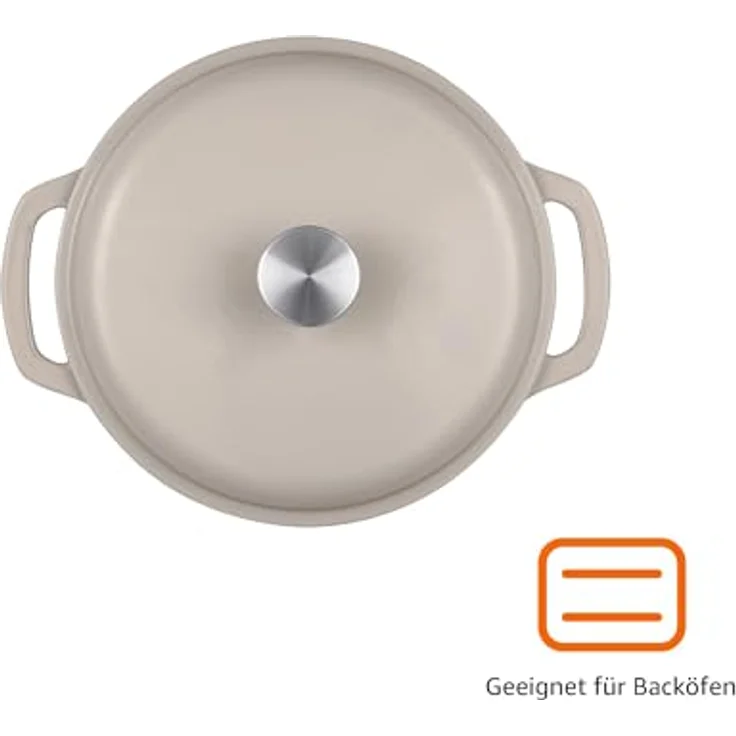 Amazon Basics Rundschmortopf, 6,9 L emailliertes Gusseisen mit Deckel, Leinengrau, für Braten und Backen, Ofenfest bis 260°C – Bild 3