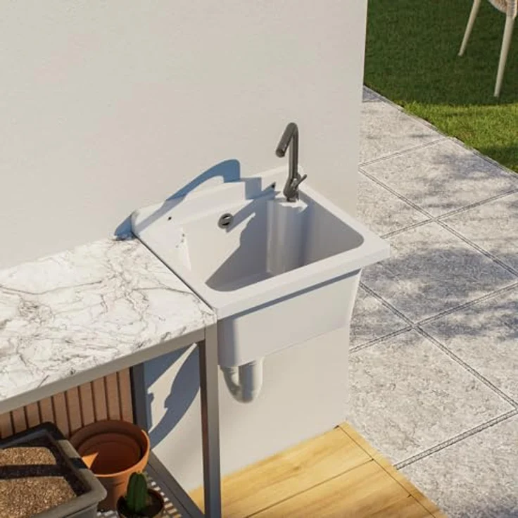 QLS Küchenspüle MANTA, Kunststoff-Spülbecken, 42x34 cm Ausgussbecken - für Garten, Garage, Werkstatt - Weiß – Bild 2