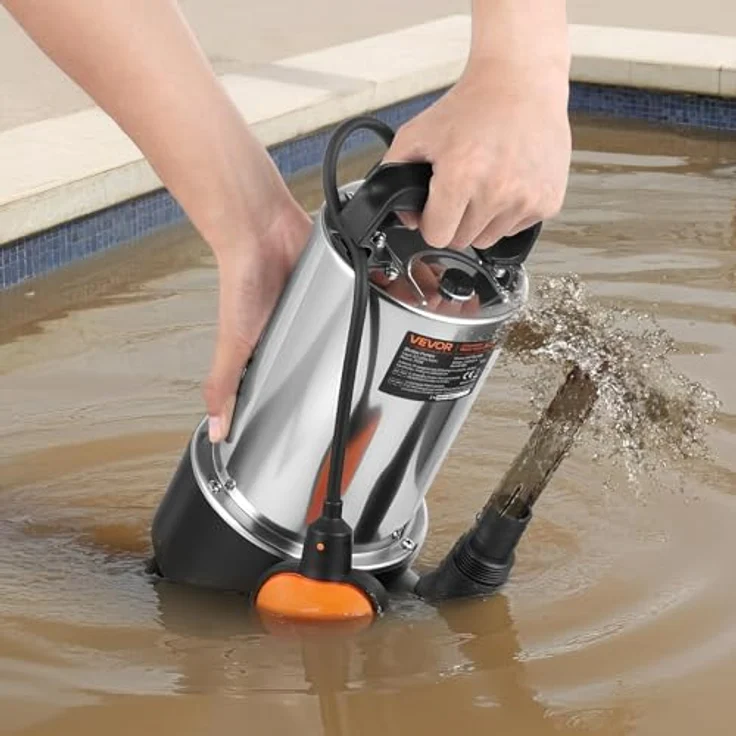 VEVOR 710W Tauchpumpe, 20000l/h Schmutzwasserpumpe mit automatischem Schwimmerschalter, 9m Förderhöhe für Pools und Teiche, Edelstahlgehäuse IPX8 – Bild 8