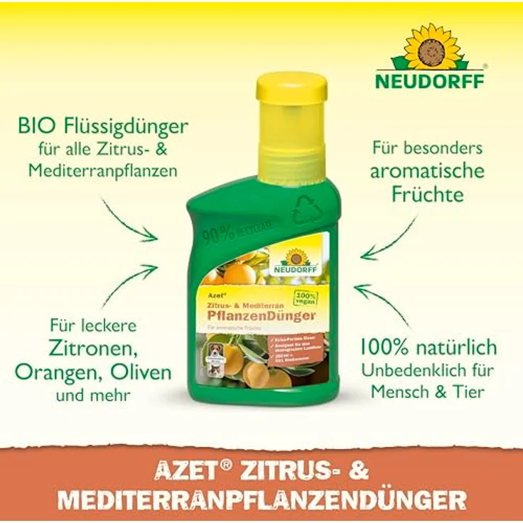 Neudorff Azet Zitrus- & Mediterran PflanzenDünger, 100% natürlicher Bio Dünger mit Extra Eisen für aromatische Früchte, 250 ml – Bild 2