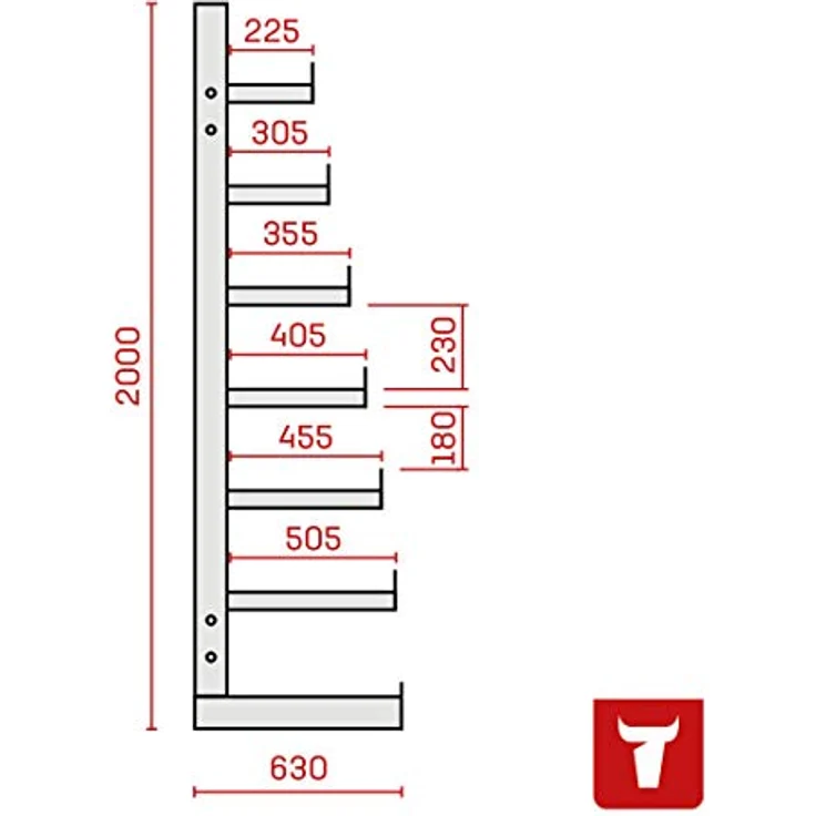 STIER Kragarmregal, einseitig, 2600x2000x500mm, 2 Felder mit 6 abstiegenden Kragarmen, Tragkraft 200kg pro Kragarm, Made in Germany – Bild 2