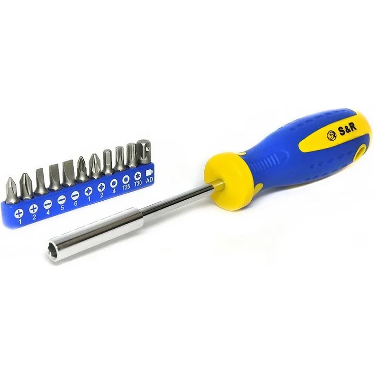S&R Bit-Schraubendreher magnetisch mit Bitsatz, 11-teilig, handschonender Kraftform-Griff, rostfreier Bithalter, Universalschraubenzieher